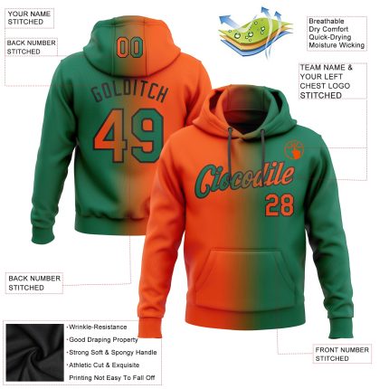 Custom Stitched Hoodie with Team Name and Number - Kelly Green Orange-Black Gradient Fashion Sports Pullover Sweatshirt Personalized