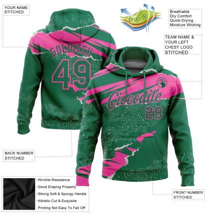 Custom Name & Number 3D Pattern Sports Hoodie Stitched Torn Paper Design Kelly Green & Pink Pullover Sweatshirt Personalized
