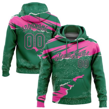 Custom Name & Number 3D Pattern Sports Hoodie Stitched Torn Paper Design Kelly Green & Pink Pullover Sweatshirt Personalized