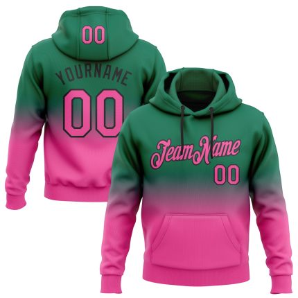 Custom Sports Hoodie with Personalized Name and Number, Stitched Kelly Green Pink-Black Fade Pullover Sweatshirt Personalized