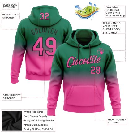 Custom Sports Hoodie with Personalized Name and Number, Stitched Kelly Green Pink-Black Fade Pullover Sweatshirt Personalized