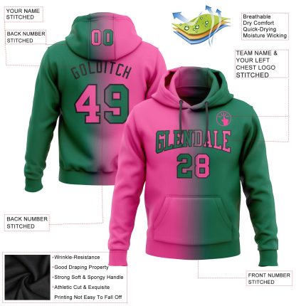 Custom Stitched Sweatshirt Hoodie for Team with Name and Number - Kelly Green Pink-Black Gradient Pullover Fashion Personalized