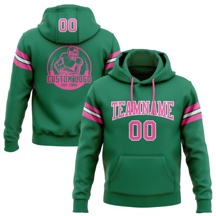 Custom Name Number Football Hoodie Sweatshirt Kelly Green Pink-White Stitched Pullover Personalized Stitched Kelly Green