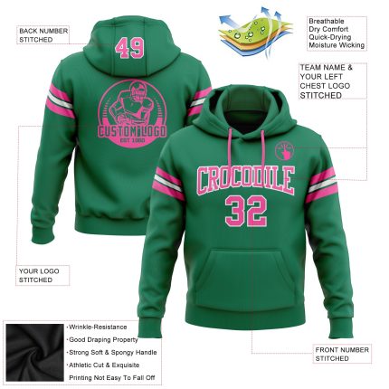 Custom Name Number Football Hoodie Sweatshirt Kelly Green Pink-White Stitched Pullover Personalized Stitched Kelly Green
