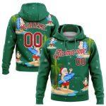 Custom Name Number 3D Tropical Christmas Surfing Santas Hoodie Pullover Sweatshirt Red-White Kelly Green Sports Personalized