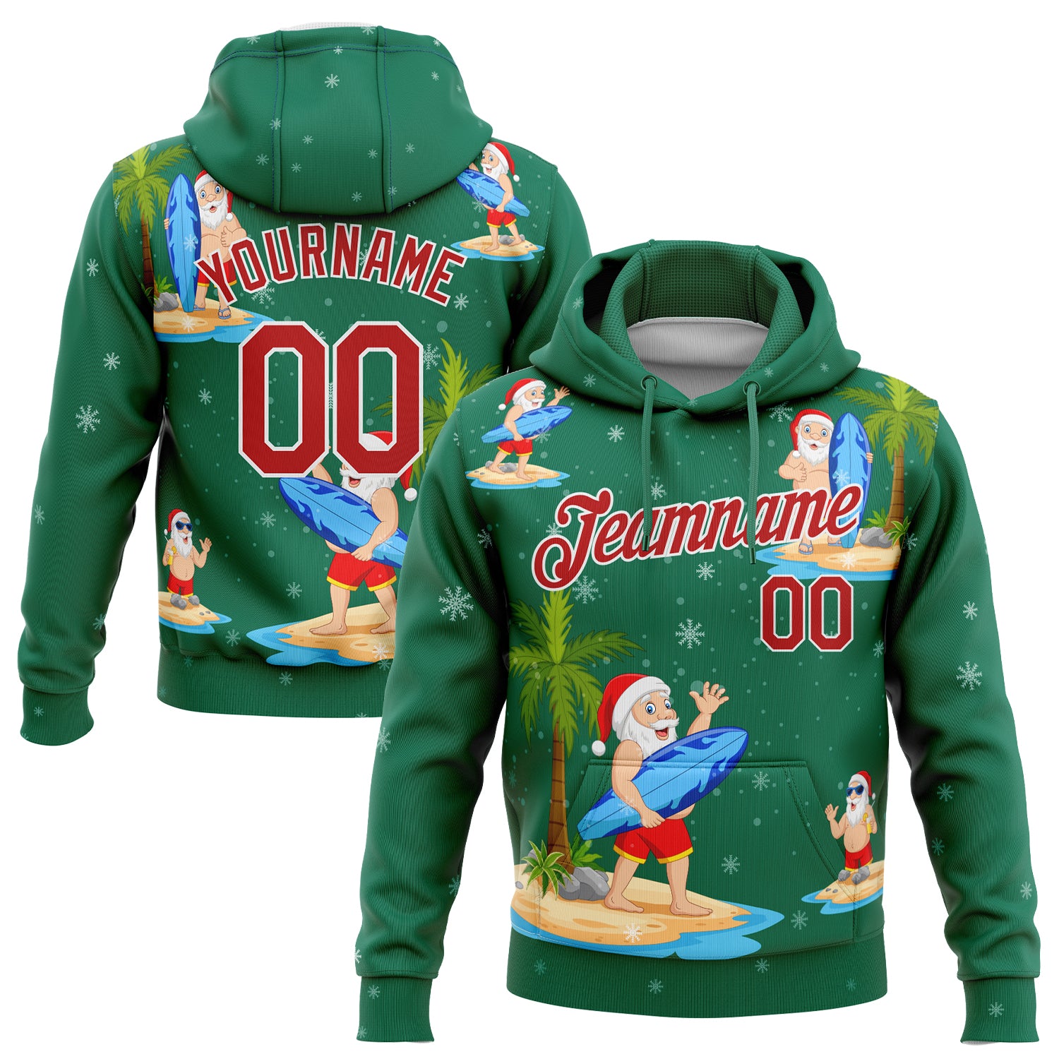 Custom Name Number 3D Tropical Christmas Surfing Santas Hoodie Pullover Sweatshirt Red-White Kelly Green Sports Personalized
