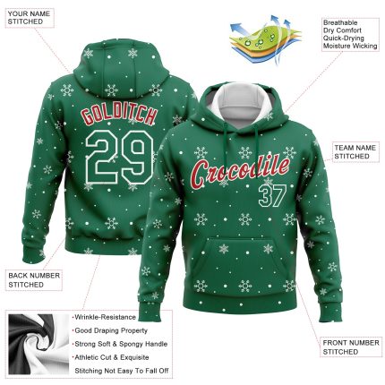 Custom Name Number 3D Sports Hoodie for Christmas - Personalized Kelly Green Red-White Pullover Sweatshirt Personalized Stitched