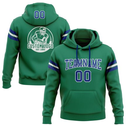 Custom Name & Number Football Hoodie Sweatshirt in Stitched Kelly Green & Royal-White, Personalized Team Apparel Personalized