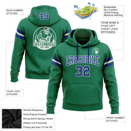 Custom Name & Number Football Hoodie Sweatshirt in Stitched Kelly Green & Royal-White, Personalized Team Apparel Personalized