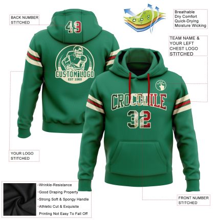 Custom Name Number Vintage Mexican Flag Hoodie Stitched Kelly Green Cream-Red Football Pullover Sweatshirt Personalized Stitched