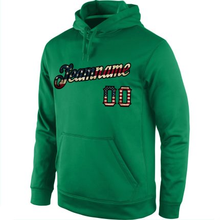 Custom Vintage USA Flag Sports Hoodie Sweatshirt - Personalized Kelly Green Pullover with Name and Number Personalized Stitched