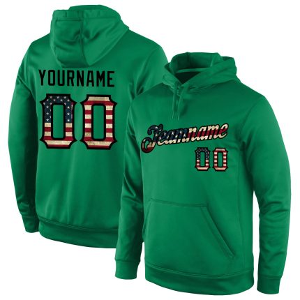 Custom Vintage USA Flag Sports Hoodie Sweatshirt - Personalized Kelly Green Pullover with Name and Number Personalized Stitched