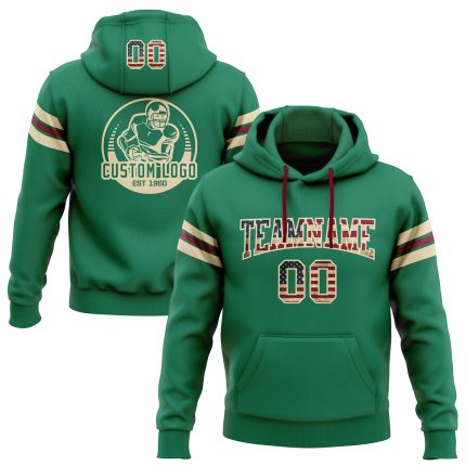 Custom Name Number Vintage USA Flag Pullover Hoodie Sweatshirt in Kelly Green with Cream-Crimson Football Design Personalized