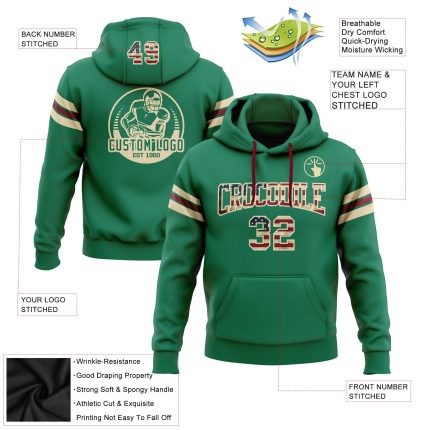 Custom Name Number Vintage USA Flag Pullover Hoodie Sweatshirt in Kelly Green with Cream-Crimson Football Design Personalized