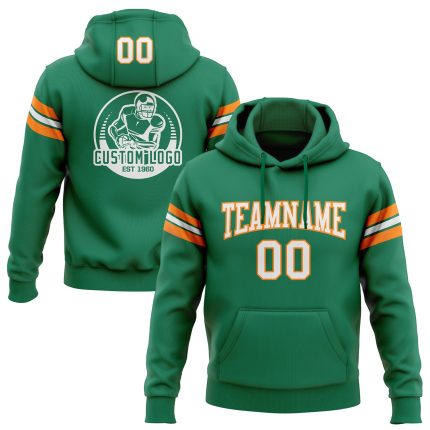 Custom Football Hoodie Sweatshirt with Name & Number - Kelly Green White-Bay Orange Pullover Personalized Stitched Kelly