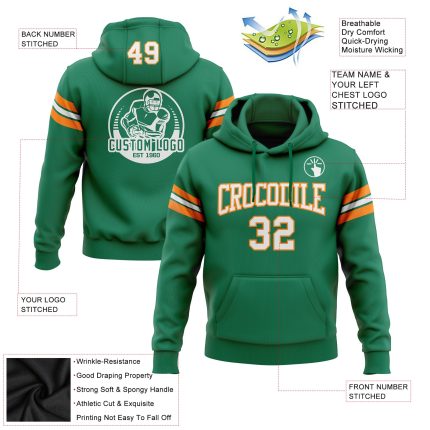 Custom Football Hoodie Sweatshirt with Name & Number - Kelly Green White-Bay Orange Pullover Personalized Stitched Kelly