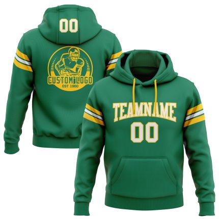 Custom Football Hoodie Pullover Sweatshirt with Name and Number, Stitched Kelly Green White-Gold Design Personalized Stitched