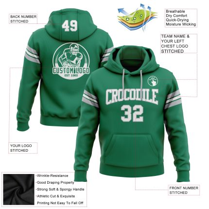 Custom Kelly Green Football Hoodie with Name and Number - Personalized Stitched Pullover Sweatshirt for Teams Personalized