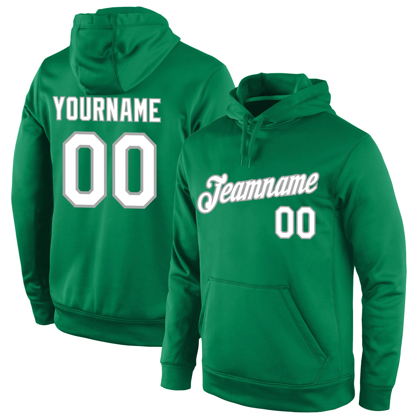 Custom Team Name Number Hoodie Pullover Sweatshirt in Kelly Green Gray, Personalized Stitched Sports Apparel Personalized