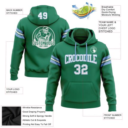 Custom Stitched Football Hoodie with Team Name and Number in Kelly Green, White, Light Blue - Personalized Pullover Sweatshirt