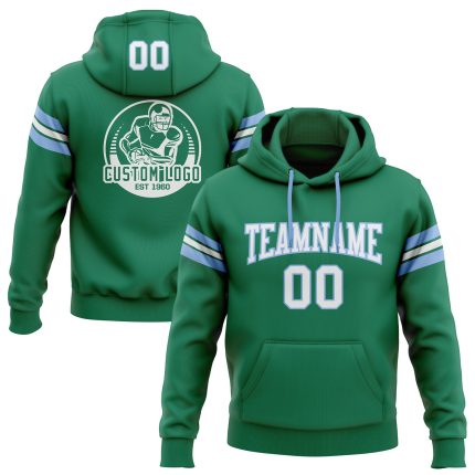 Custom Stitched Football Hoodie with Team Name and Number in Kelly Green, White, Light Blue - Personalized Pullover Sweatshirt