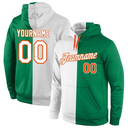 Custom Name Number Hoodie Personalized Stitched Pullover Sweatshirt in Kelly Green White Orange Split Fashion Sports Design