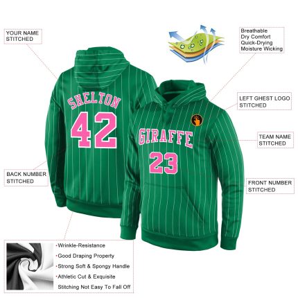 Custom Name and Number Sports Hoodie Sweatshirt - Personalized Kelly Green White Pinstripe Design Personalized Stitched Kelly