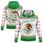 Custom 3D Mexican Flag Sports Hoodie with Name and Number in Kelly Green, White, Red - Personalized Pullover Sweatshirt Personalized
