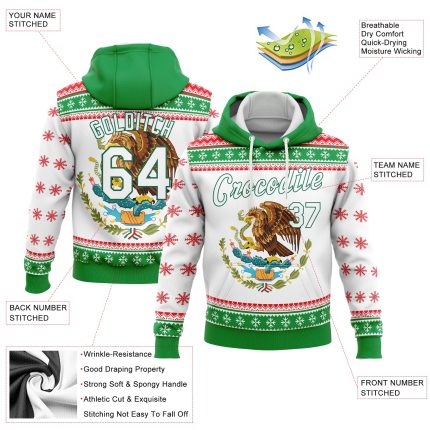 Custom 3D Mexican Flag Sports Hoodie with Name and Number in Kelly Green, White, Red - Personalized Pullover Sweatshirt Personalized