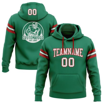 Custom Name and Number Football Hoodie Sweatshirt in Kelly Green with White-Red Stitching, Personalized Team Apparel Personalized
