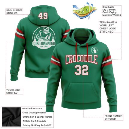 Custom Name and Number Football Hoodie Sweatshirt in Kelly Green with White-Red Stitching, Personalized Team Apparel Personalized