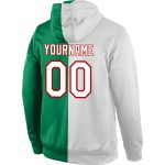 Custom Team Name Number Hoodie | Stitched Green White Red Split Fashion Sweatshirt Pullover Personalized Stitched Kelly Green