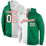 Custom Team Name Number Hoodie | Stitched Green White Red Split Fashion Sweatshirt Pullover Personalized Stitched Kelly Green