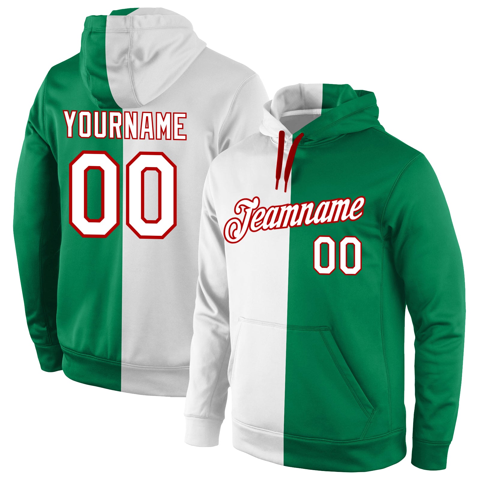 Custom Team Name Number Hoodie | Stitched Green White Red Split Fashion Sweatshirt Pullover Personalized Stitched Kelly Green