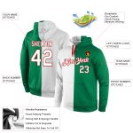Custom Team Name Number Hoodie | Stitched Green White Red Split Fashion Sweatshirt Pullover Personalized Stitched Kelly Green