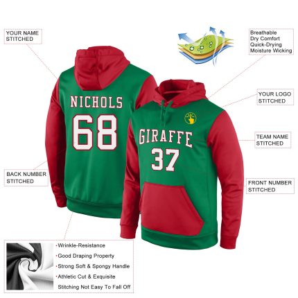 Custom Team Hoodie with Name and Number - Personalized Kelly Green White-Red Sports Pullover Sweatshirt Personalized Stitched