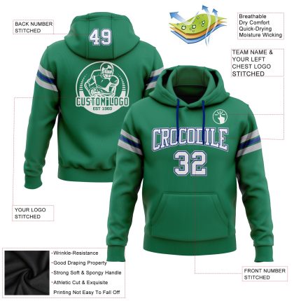 Custom Name and Number Hooded Sweatshirt for Football, Stitched in Kelly Green and White with Royal and Gray - Personalized Pullover