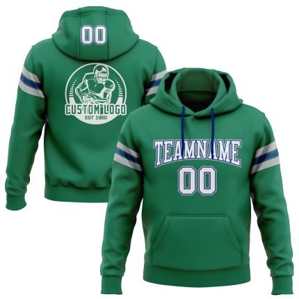 Custom Name and Number Hooded Sweatshirt for Football, Stitched in Kelly Green and White with Royal and Gray - Personalized Pullover
