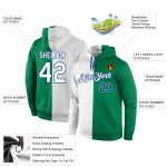 Custom Team Name Number Sports Hoodie Sweatshirt, Stitched Kelly Green White-Royal Split Design, Personalized Pullover Personalized