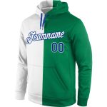 Custom Team Name Number Sports Hoodie Sweatshirt, Stitched Kelly Green White-Royal Split Design, Personalized Pullover Personalized