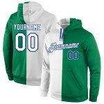 Custom Team Name Number Sports Hoodie Sweatshirt, Stitched Kelly Green White-Royal Split Design, Personalized Pullover Personalized