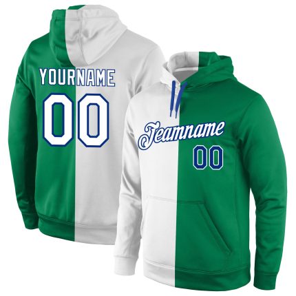 Custom Team Name Number Sports Hoodie Sweatshirt, Stitched Kelly Green White-Royal Split Design, Personalized Pullover Personalized