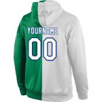 Custom Team Name Number Sports Hoodie Sweatshirt, Stitched Kelly Green White-Royal Split Design, Personalized Pullover Personalized