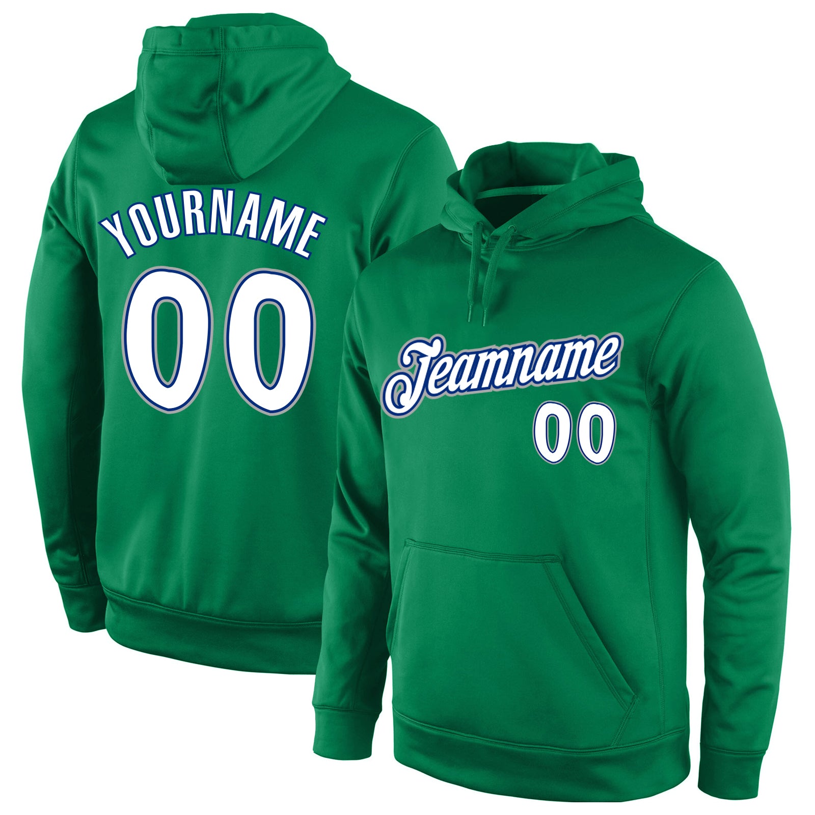 Custom Team Name and Number Stitched Hoodie Pullover Sweatshirt in Kelly Green White-Royal Personalized Stitched Kelly Green