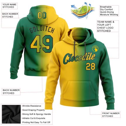 Custom Team Hoodie with Name & Number - Personalized Stitched Kelly Green Yellow-Black Gradient Fashion Sports Pullover Sweatshirt
