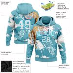 Custom Name and Number Personalized 3D Crane Tiger Pullover Hoodie in Lakes Blue White Stitched Pattern Design Sports Sweatshirt