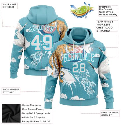 Custom Name and Number Personalized 3D Crane Tiger Pullover Hoodie in Lakes Blue White Stitched Pattern Design Sports Sweatshirt