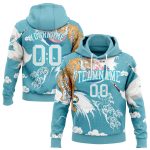 Custom Name and Number Personalized 3D Crane Tiger Pullover Hoodie in Lakes Blue White Stitched Pattern Design Sports Sweatshirt