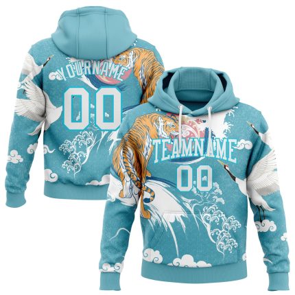 Custom Name and Number Personalized 3D Crane Tiger Pullover Hoodie in Lakes Blue White Stitched Pattern Design Sports Sweatshirt