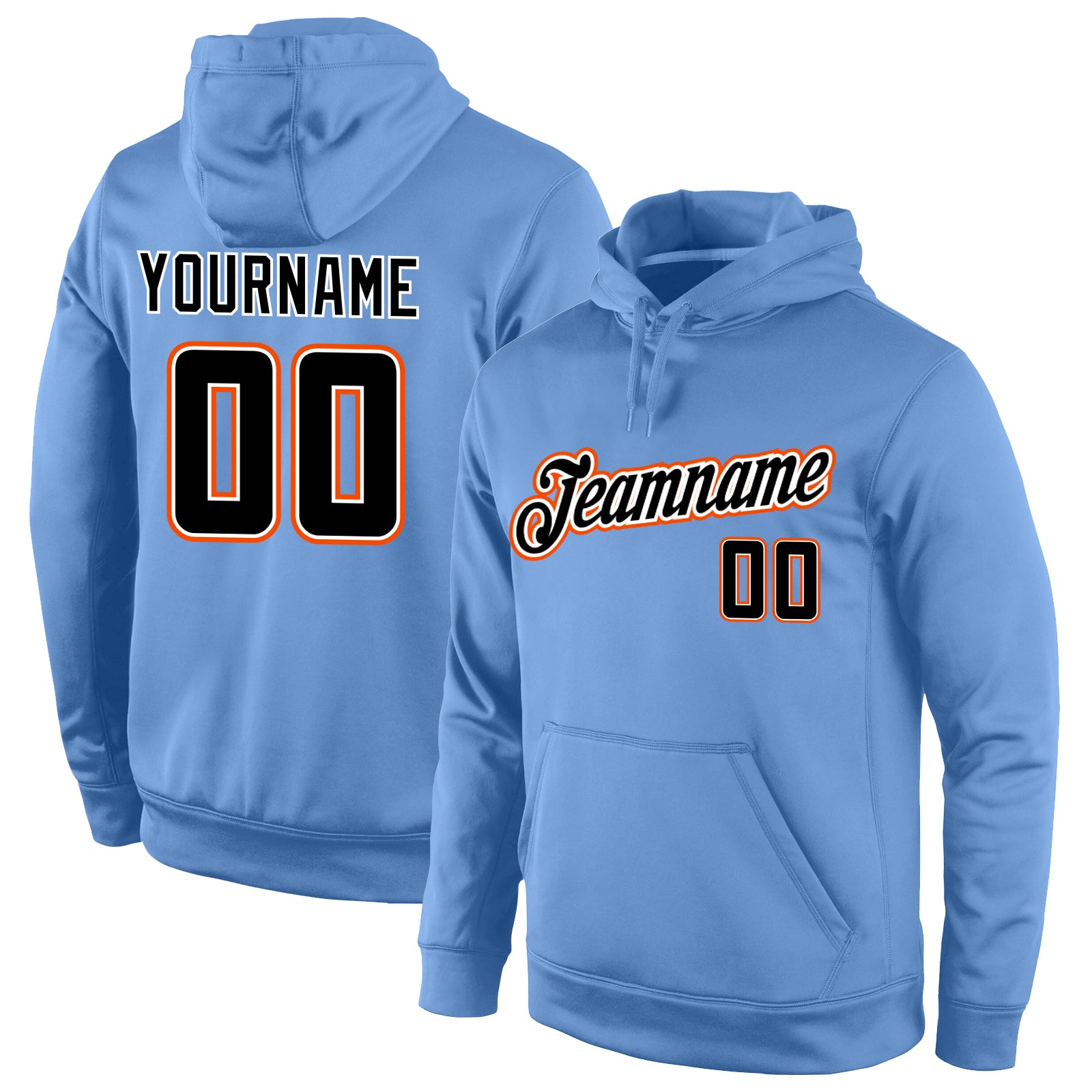 Custom Name Number Sports Hoodie Light Blue Black Orange Stitched Pullover Sweatshirt for Team Personalized Stitched Light